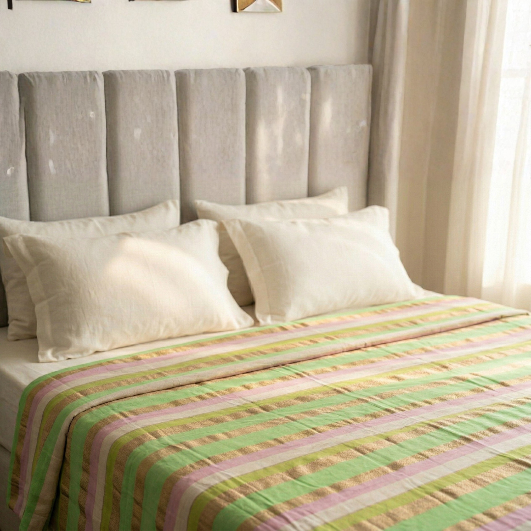 Chanderi Work Pure Cotton Designer Dohar (Green & Golden) | Handcrafted Cotton Blanket - Image 4