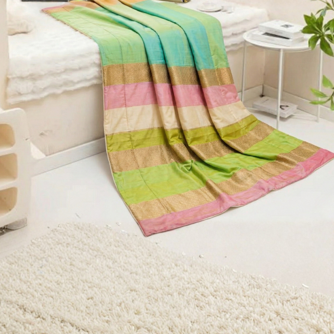 Chanderi Work Pure Cotton Designer Dohar (Green & Golden) | Handcrafted Cotton Blanket - Image 3