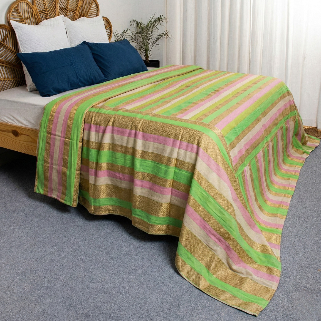 Chanderi Work Pure Cotton Designer Dohar (Green & Golden) | Handcrafted Cotton Blanket - Image 2