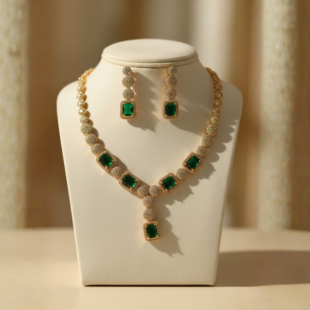 Emerald Green AD Necklace Set | Gold-Tone American Diamond Jewellery - Image 2
