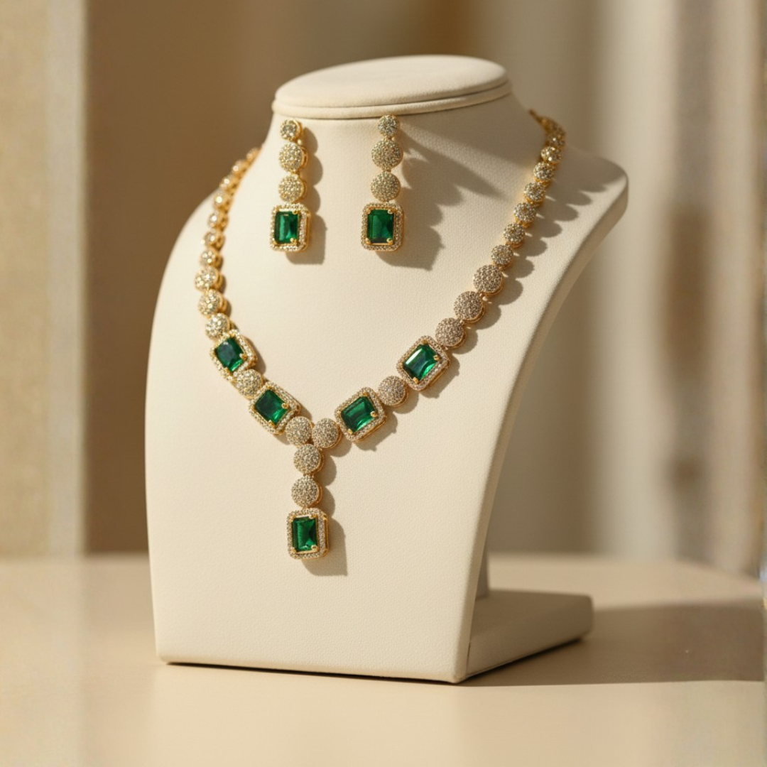 Emerald Green AD Necklace Set | Gold-Tone American Diamond Jewellery - Image 3
