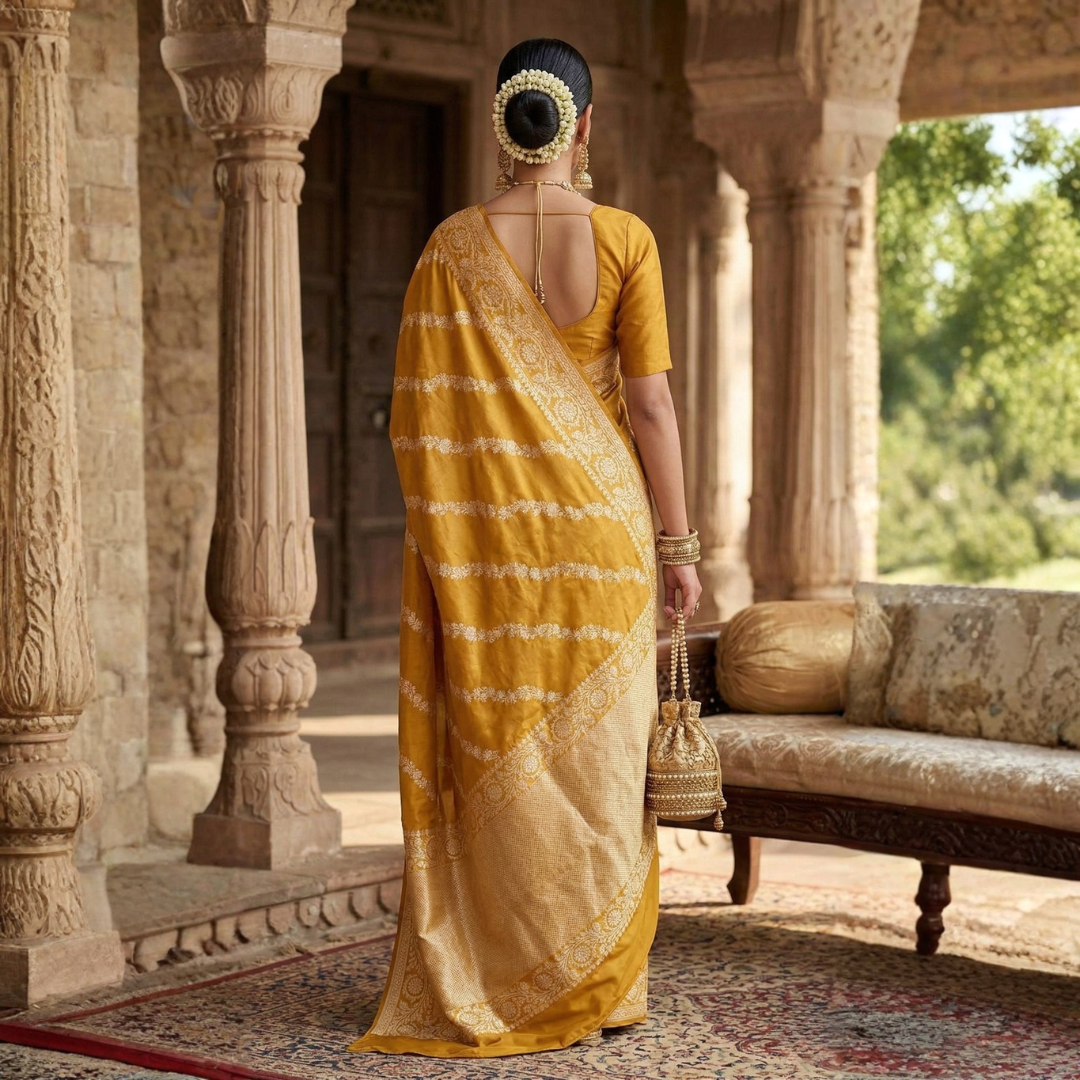 Mashru Banarasi Saree | Mustard Yellow Banarasi Saree - Image 2