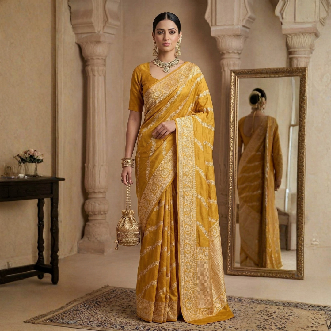 Mashru Banarasi Saree | Mustard Yellow Banarasi Saree - Image 3