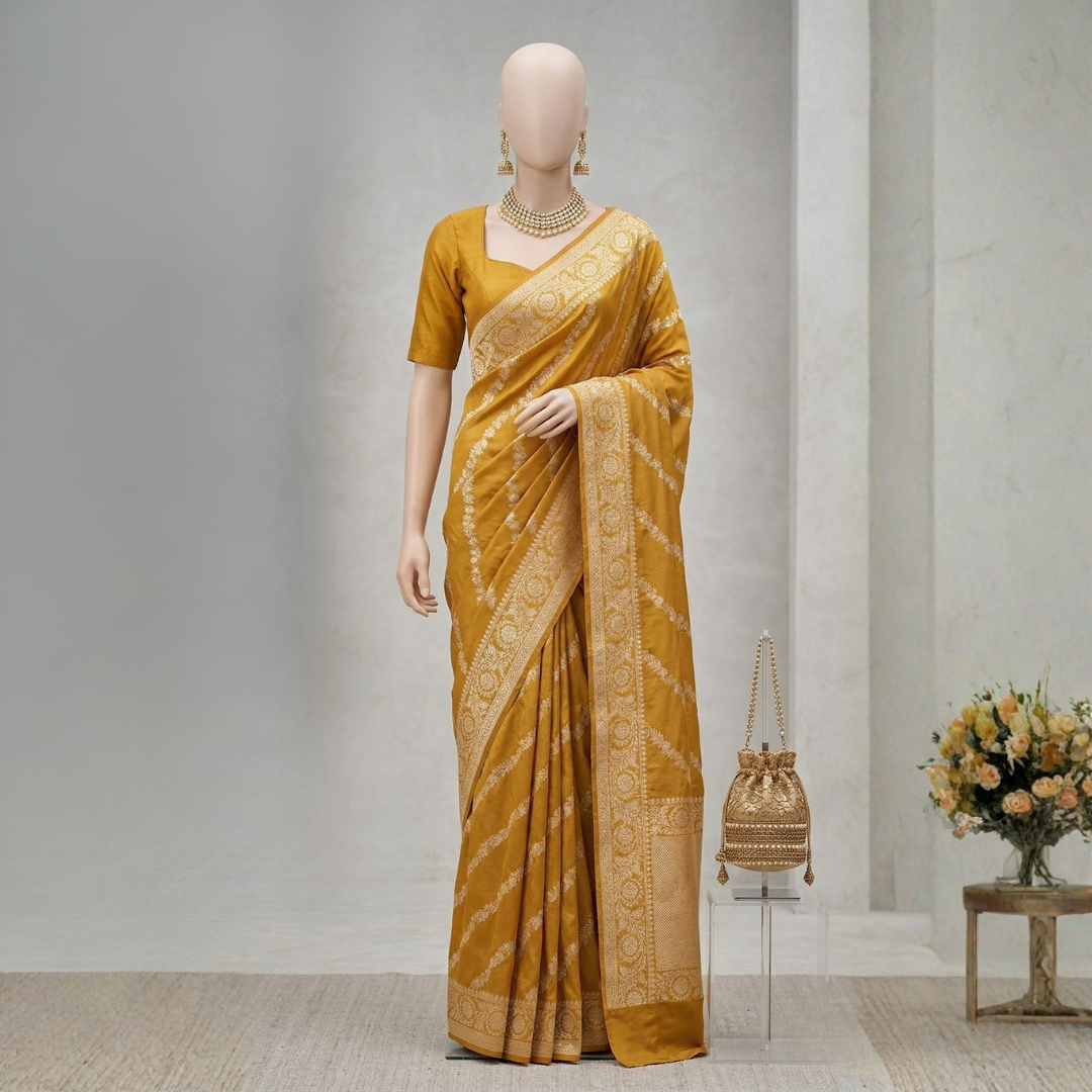Mashru Banarasi Saree | Mustard Yellow Banarasi Saree - Image 4