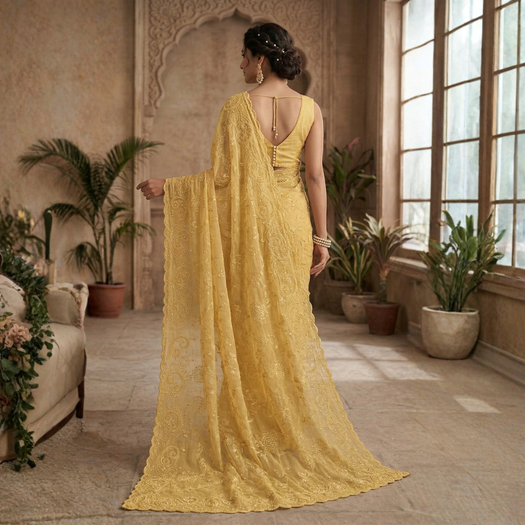Yellow Soft Net Saree | Designer Hand-Stitched Beads Embroidery - Image 2