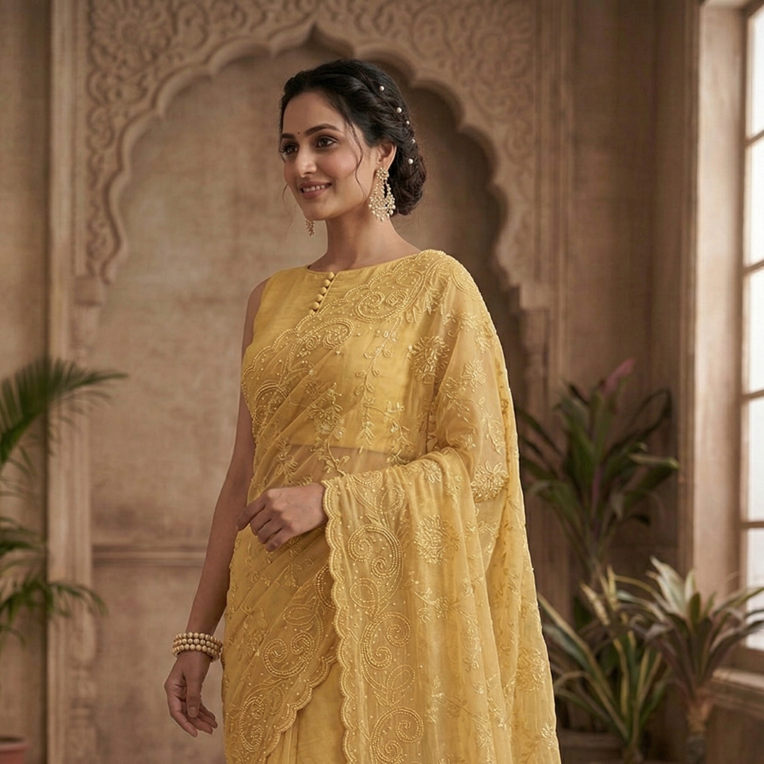 Yellow Soft Net Saree | Designer Hand-Stitched Beads Embroidery - Image 3