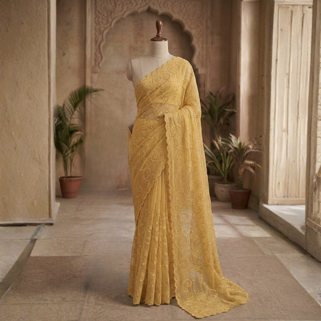 Yellow Soft Net Saree | Designer Hand-Stitched Beads Embroidery - Image 4
