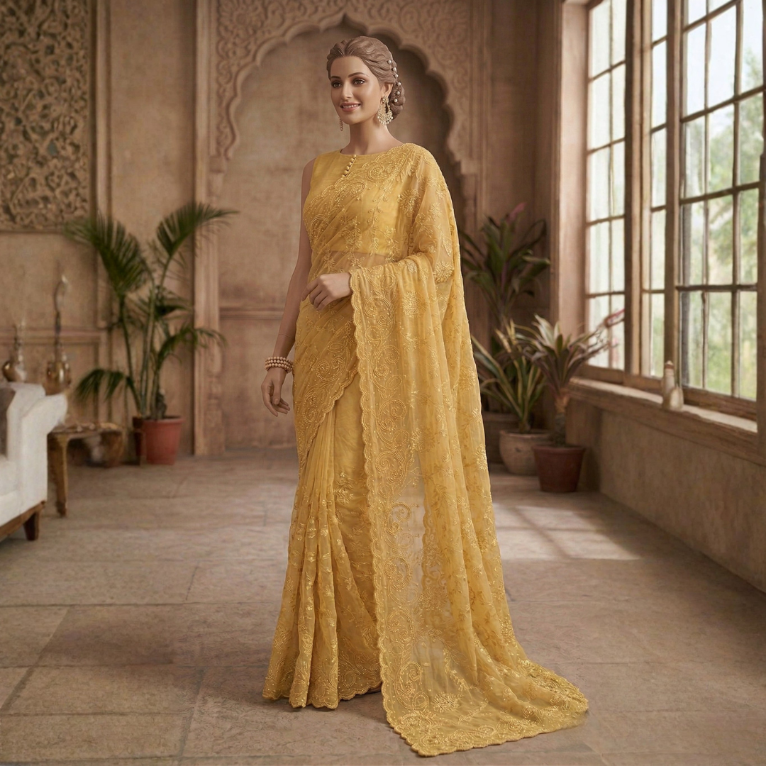 Yellow Soft Net Saree | Designer Hand-Stitched Beads Embroidery - Image 5