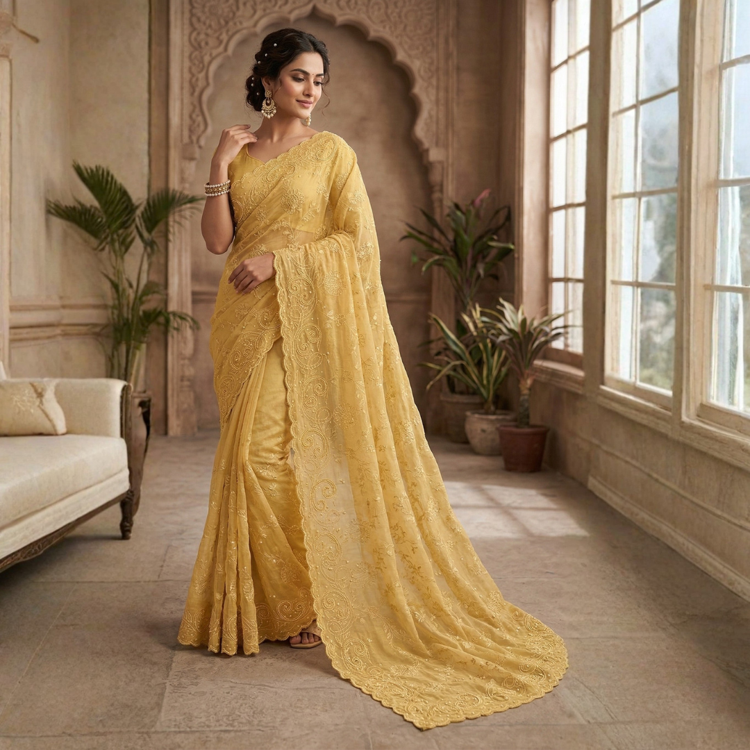 Yellow Soft Net Saree | Designer Hand-Stitched Beads Embroidery