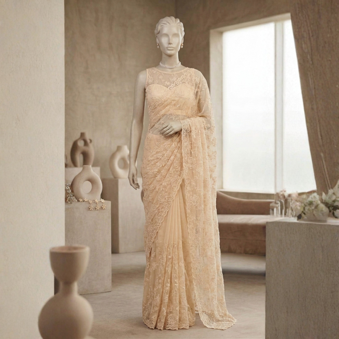 Soft Net Designer Saree with Hand-Stitched Beads in Light Cream - Image 2