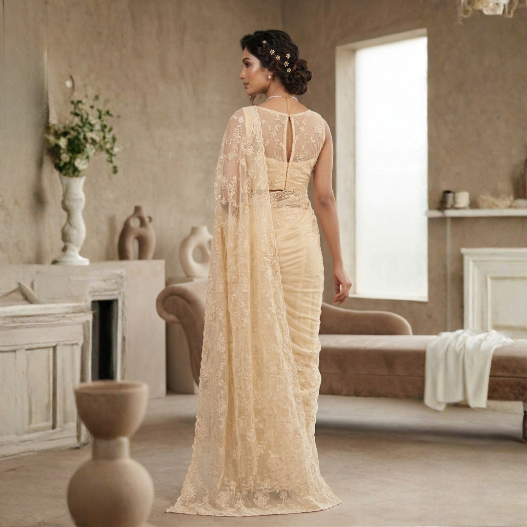 Soft Net Designer Saree with Hand-Stitched Beads in Light Cream - Image 3
