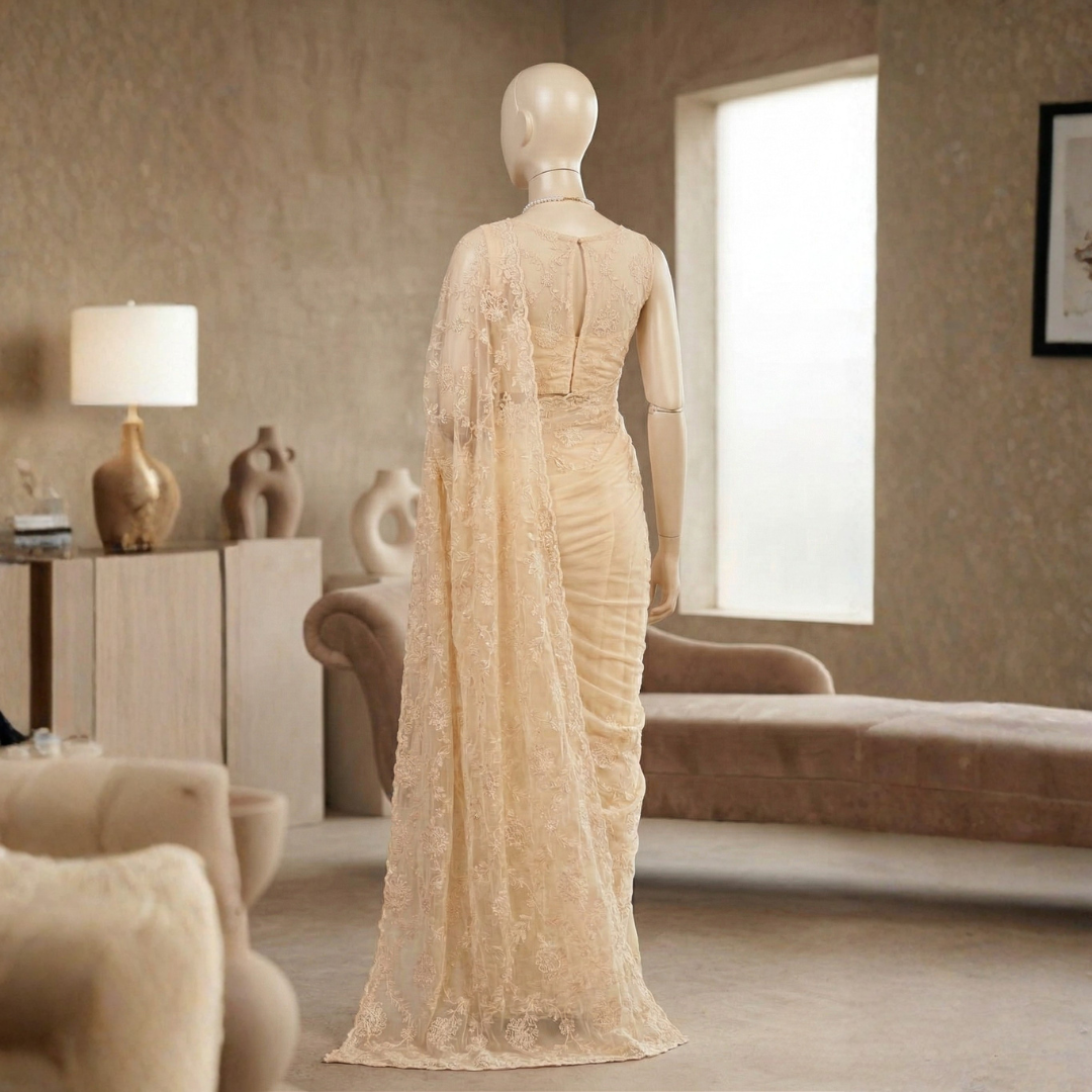 Soft Net Designer Saree with Hand-Stitched Beads in Light Cream - Image 4