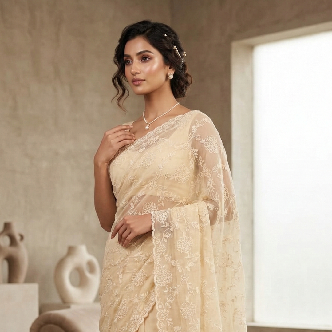 Soft Net Designer Saree with Hand-Stitched Beads in Light Cream - Image 5
