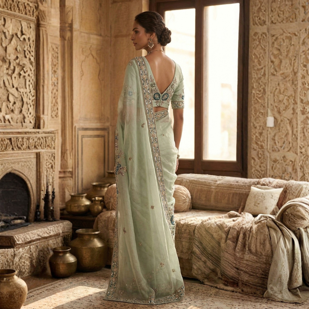 Sea Green Pure Organza Saree | Designer Hand Embroidered Saree - Image 2
