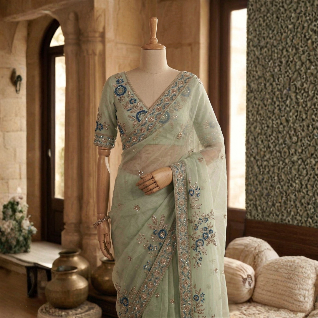 Sea Green Pure Organza Saree | Designer Hand Embroidered Saree - Image 3