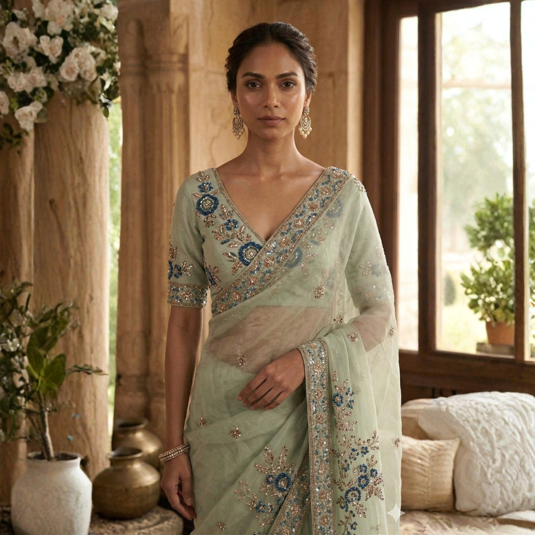 Sea Green Pure Organza Saree | Designer Hand Embroidered Saree - Image 4