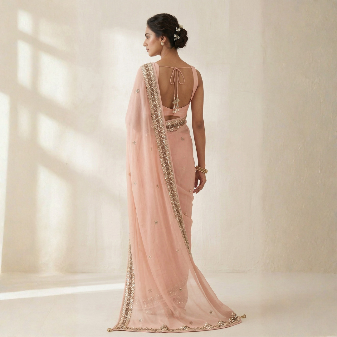 Baby Pink Pure Organza Saree | Designer Hand Embroidered Saree - Image 2