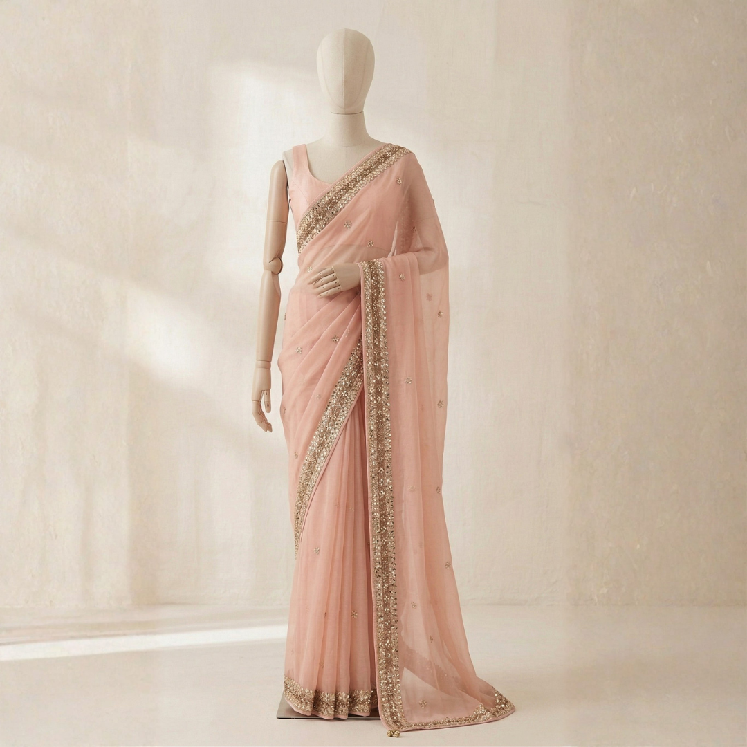 Baby Pink Pure Organza Saree | Designer Hand Embroidered Saree - Image 3