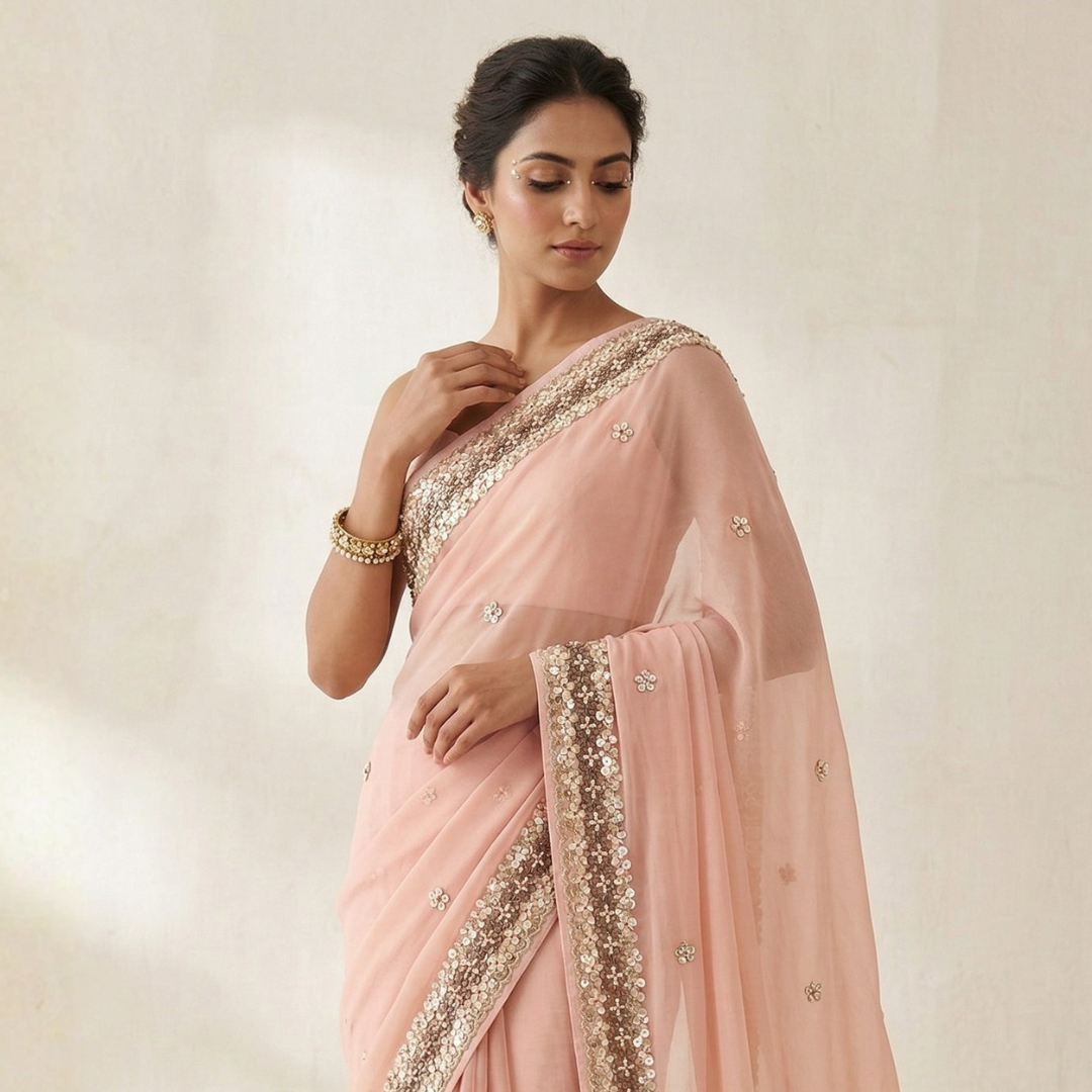 Baby Pink Pure Organza Saree | Designer Hand Embroidered Saree - Image 4