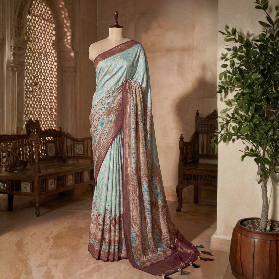 Pure Banarasi Silk Sea Green Sea with a Maroon border Saree - Image 2