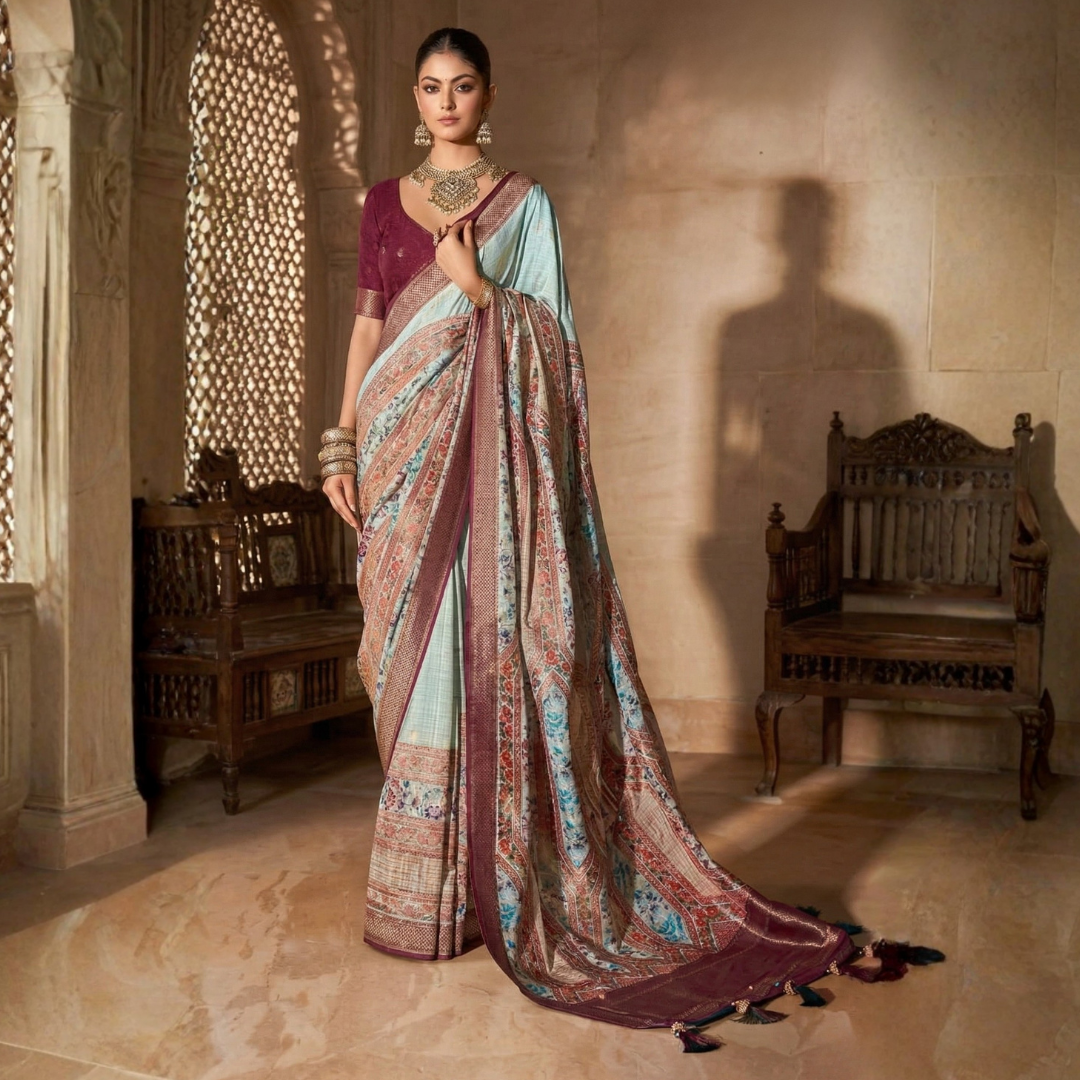 Pure Banarasi Silk Sea Green Sea with a Maroon border Saree - Image 3