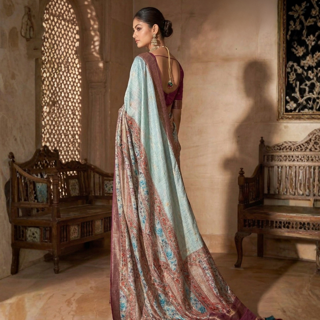Pure Banarasi Silk Sea Green Sea with a Maroon border Saree - Image 4