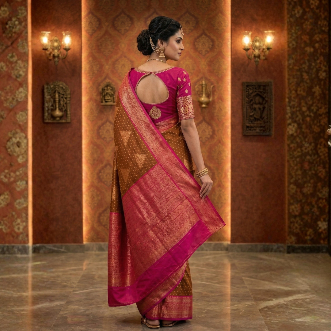 Dual-Tone Olive Green & Purple Kanjivaram Saree - Image 4
