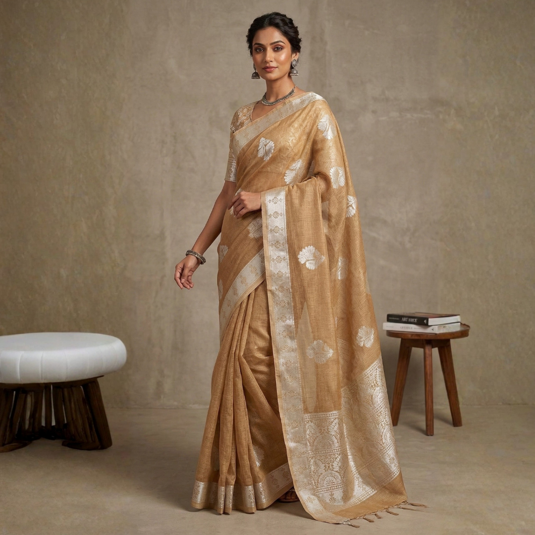 Dual-Tone Tissue Silk Saree in Silver & Golden - Image 2
