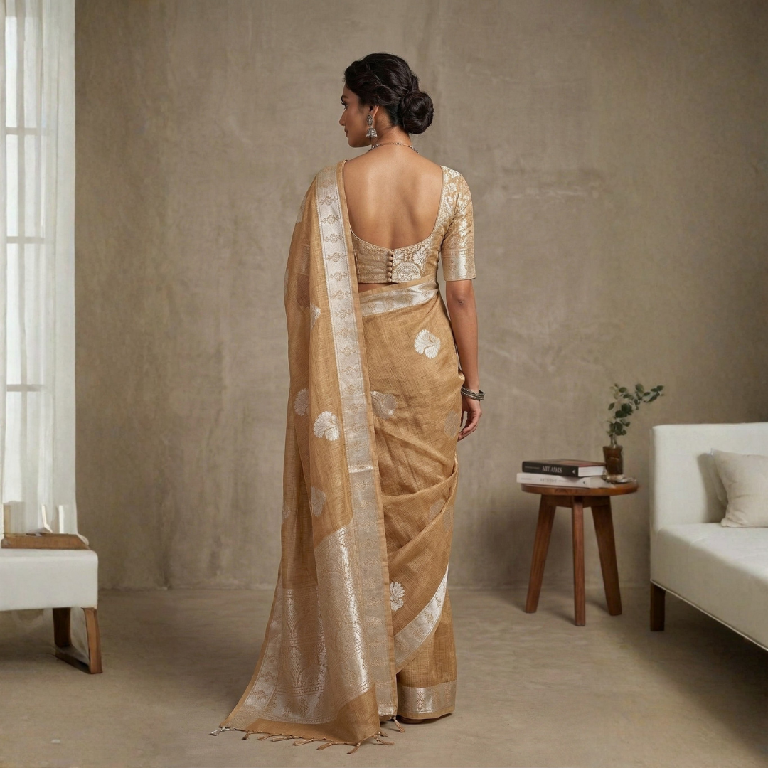 Dual-Tone Tissue Silk Saree in Silver & Golden - Image 3