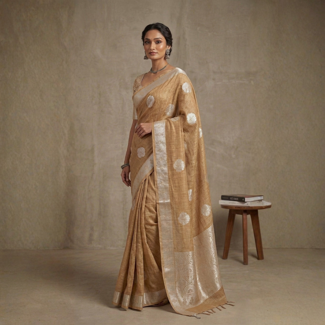 Dual-Tone Tissue Silk Saree in Silver & Golden - Image 4