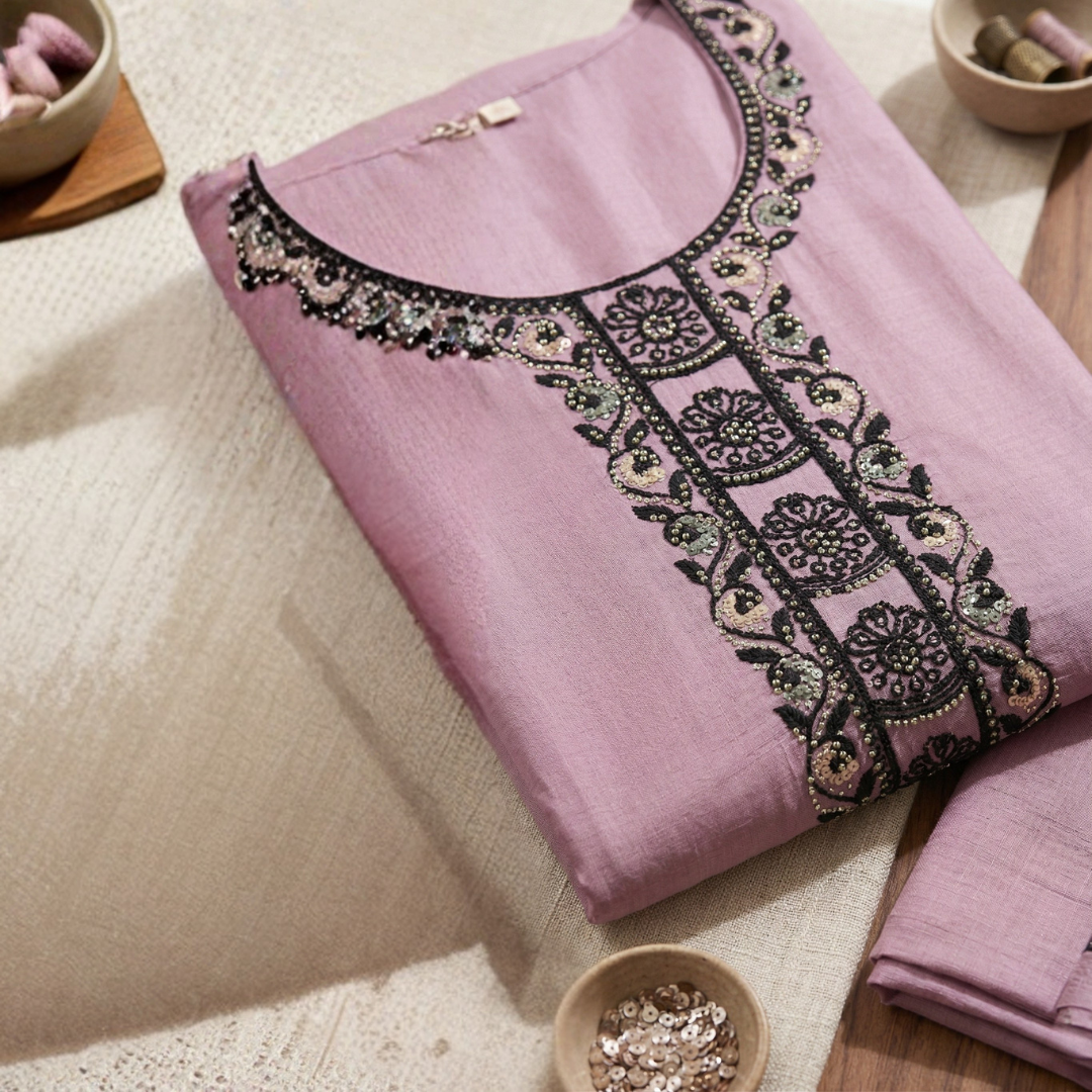 Ash Chiffon Designer Suit Set with Beads Work - Image 2