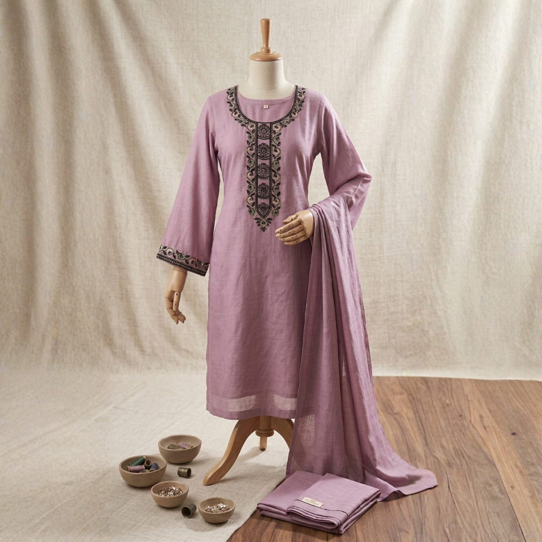 Ash Chiffon Designer Suit Set with Beads Work - Image 3