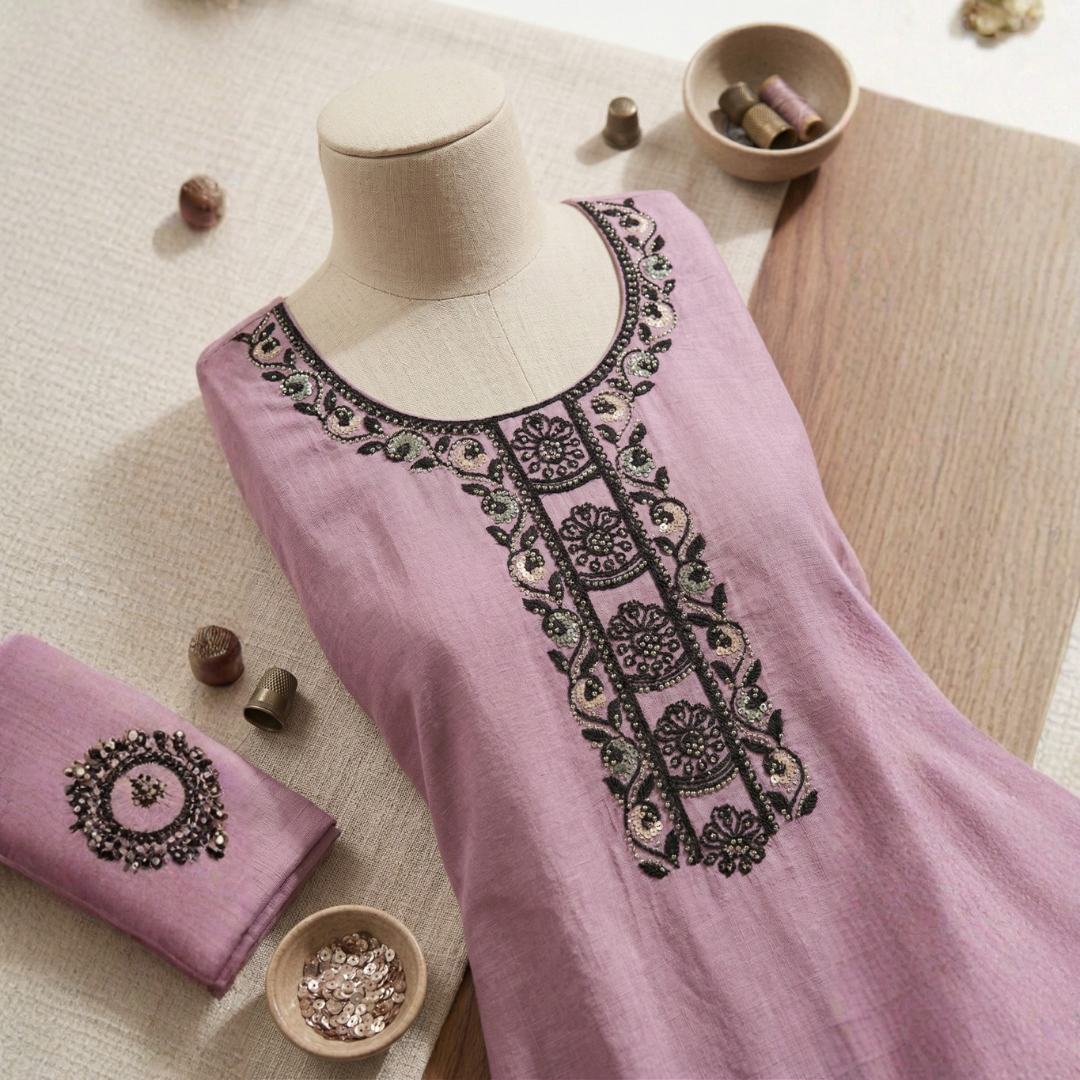 Ash Chiffon Designer Suit Set with Beads Work - Image 4