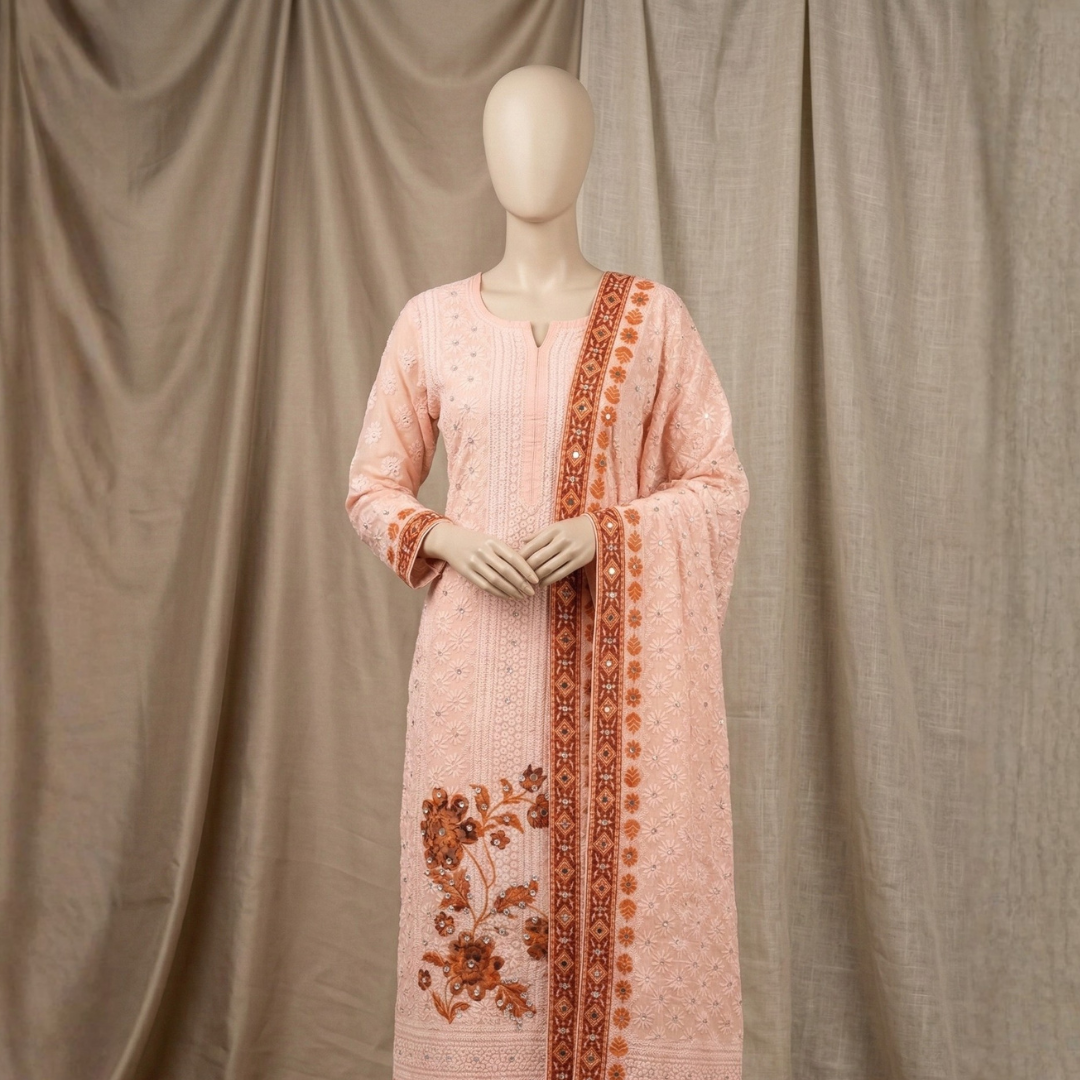 Peach Chiffon Suit Set with Pure Cotton Mirror Work - Image 2