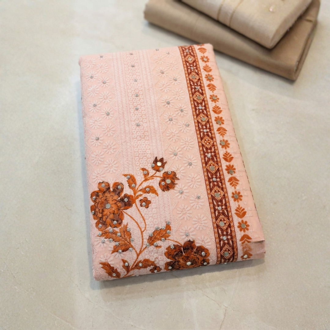 Peach Chiffon Suit Set with Pure Cotton Mirror Work - Image 3