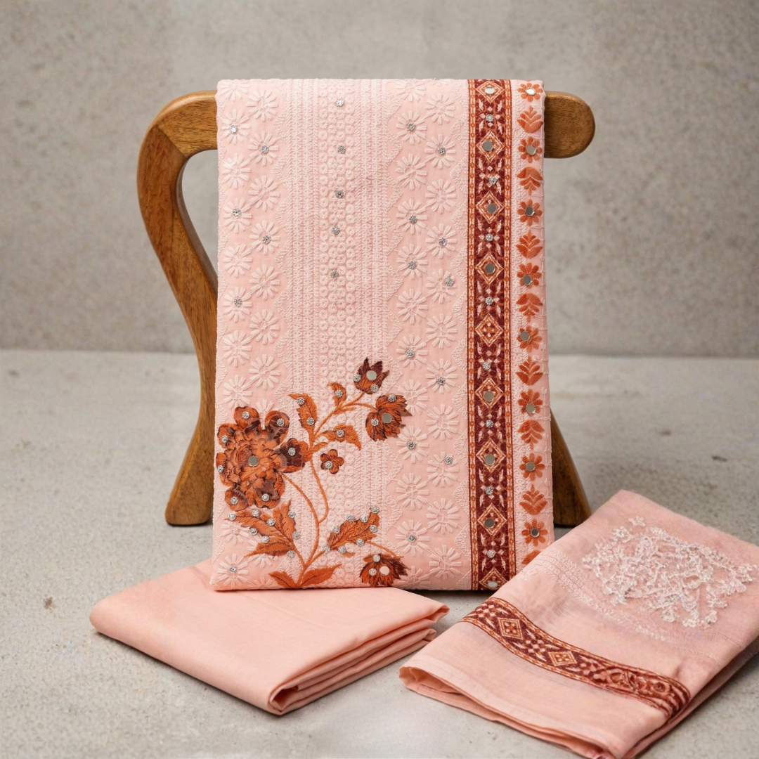 Peach Chiffon Suit Set with Pure Cotton Mirror Work - Image 4