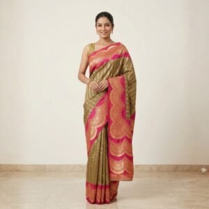 Katan Banarasi Saree – Dual Tone Caramel Brown with Rani Border
