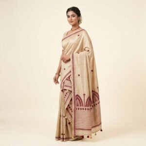 Tussar Silk Saree with Gujarati Work – Off White & Maroon